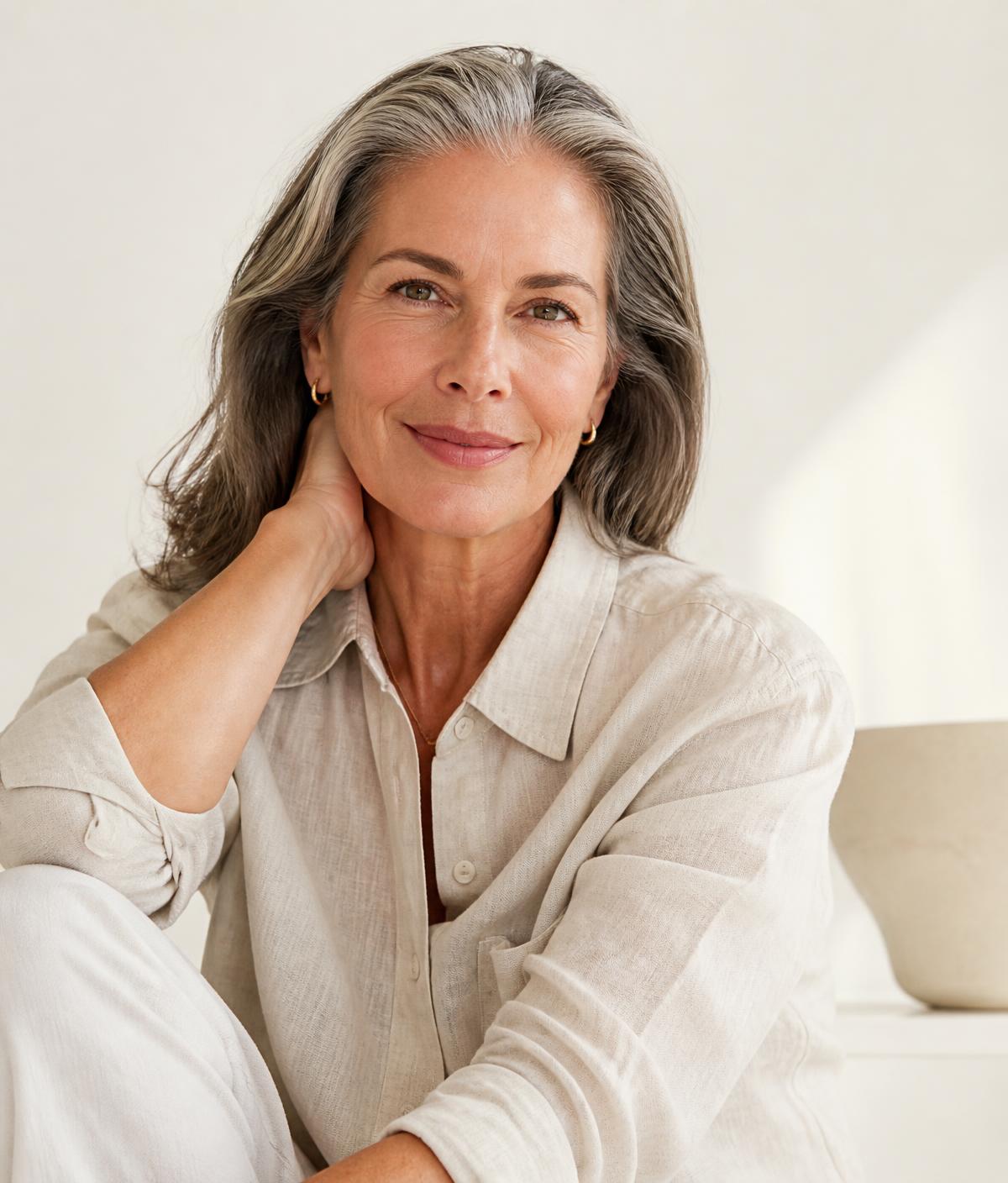A woman in her late fifties with natural, healthy skin in soft daylight