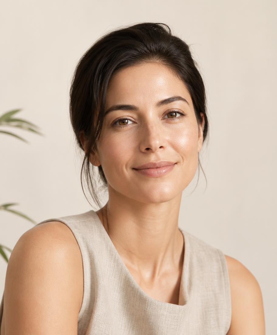 Woman in her 30s with natural, healthy skin