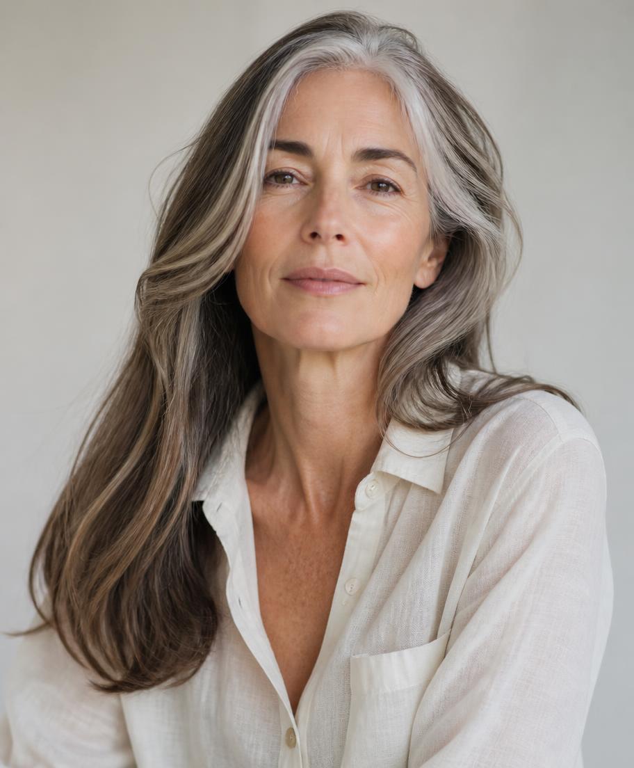 Woman in her 50s with silver-streaked hair